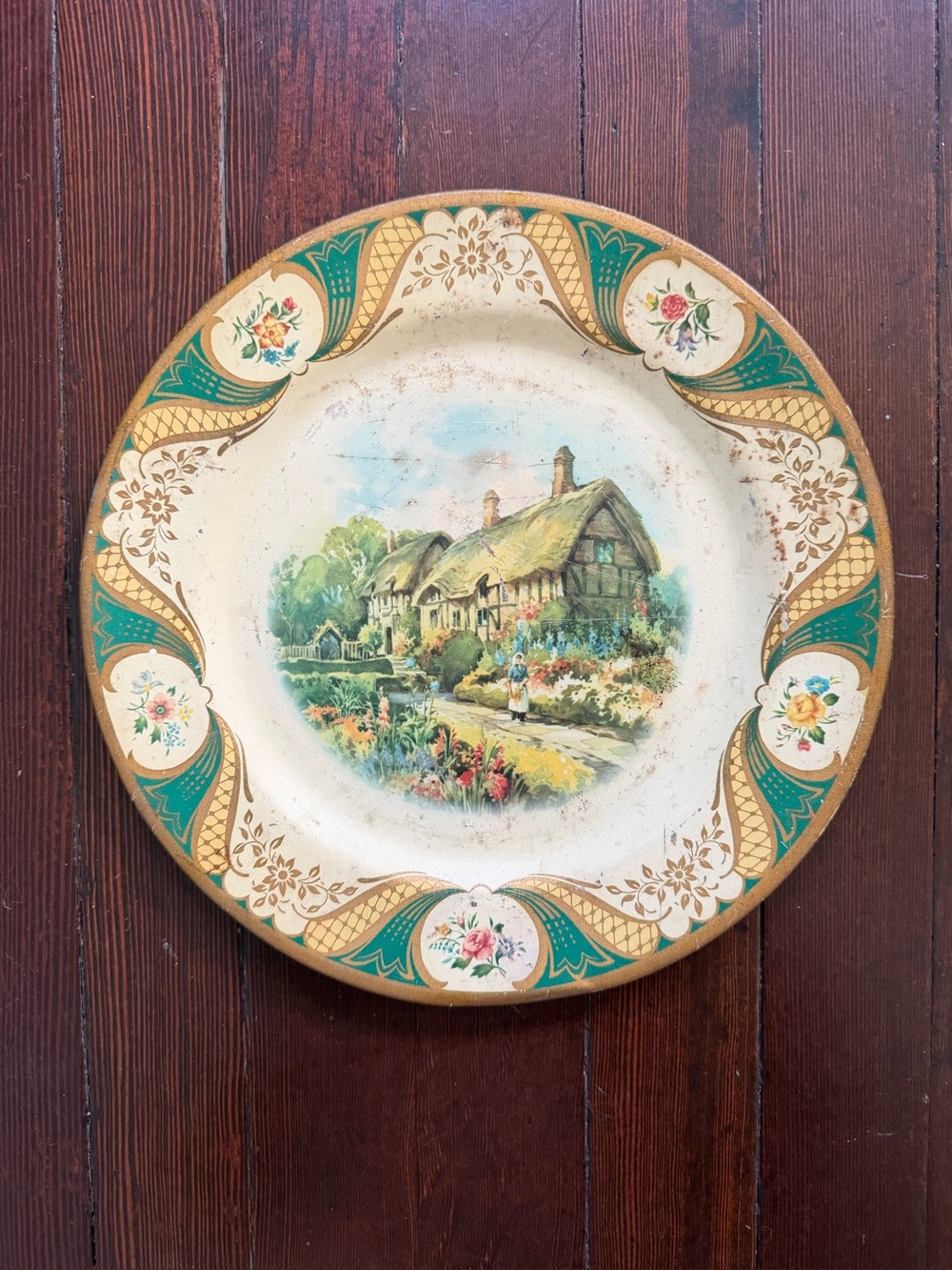 Vintage tin plate serving tray made in England - cottage garden
